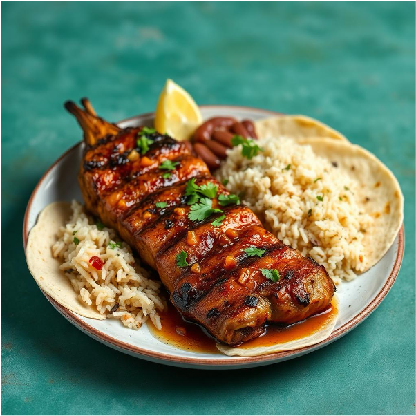 Poc chuc asado acompañado de arroz, frijoles y tortillas
