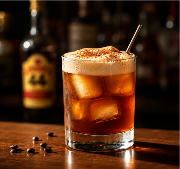 Carajillo frío con café, hielo y espuma servido en barra