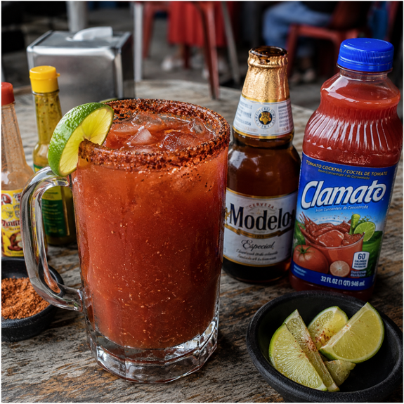 Michelada preparada con cerveza, lima, salsas y borde de chile