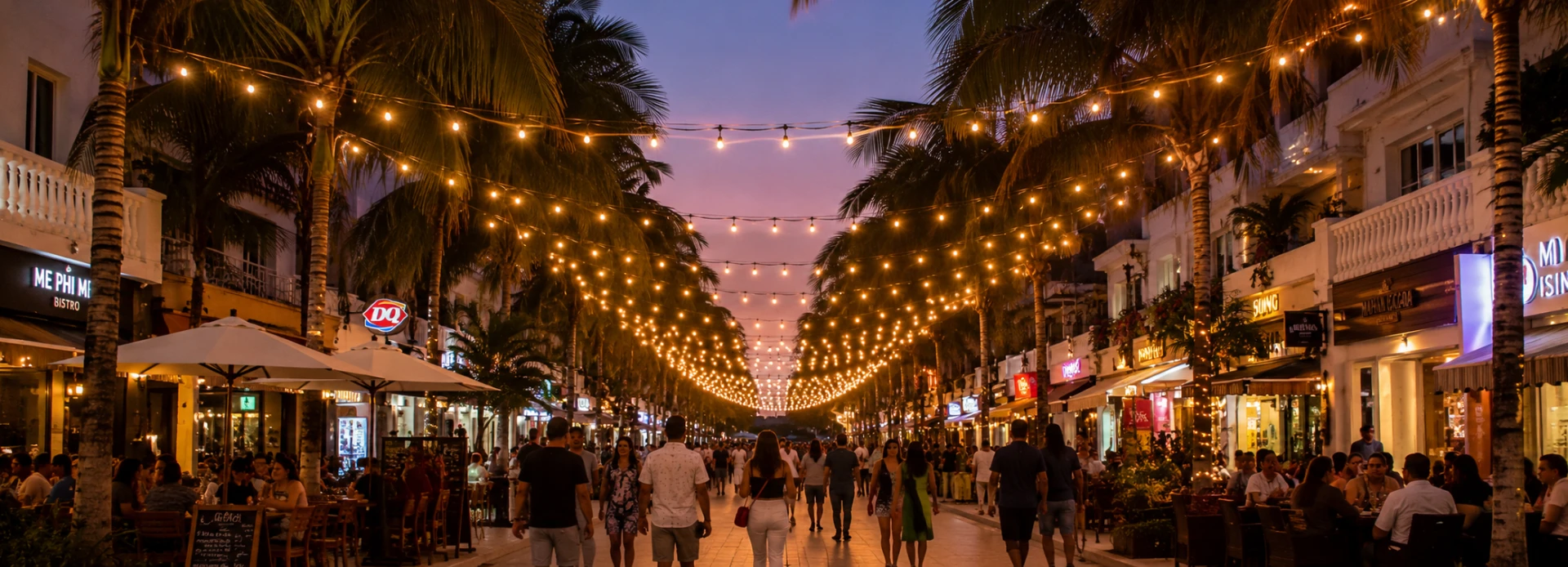 Quinta Avenida de Playa del Carmen iluminada por la noche
