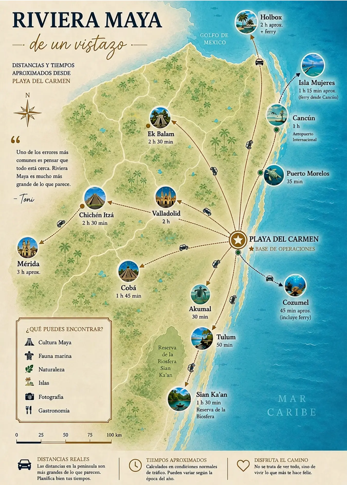 Mapa de la Riviera Maya con los tiempos aproximados de trayecto desde Playa del Carmen