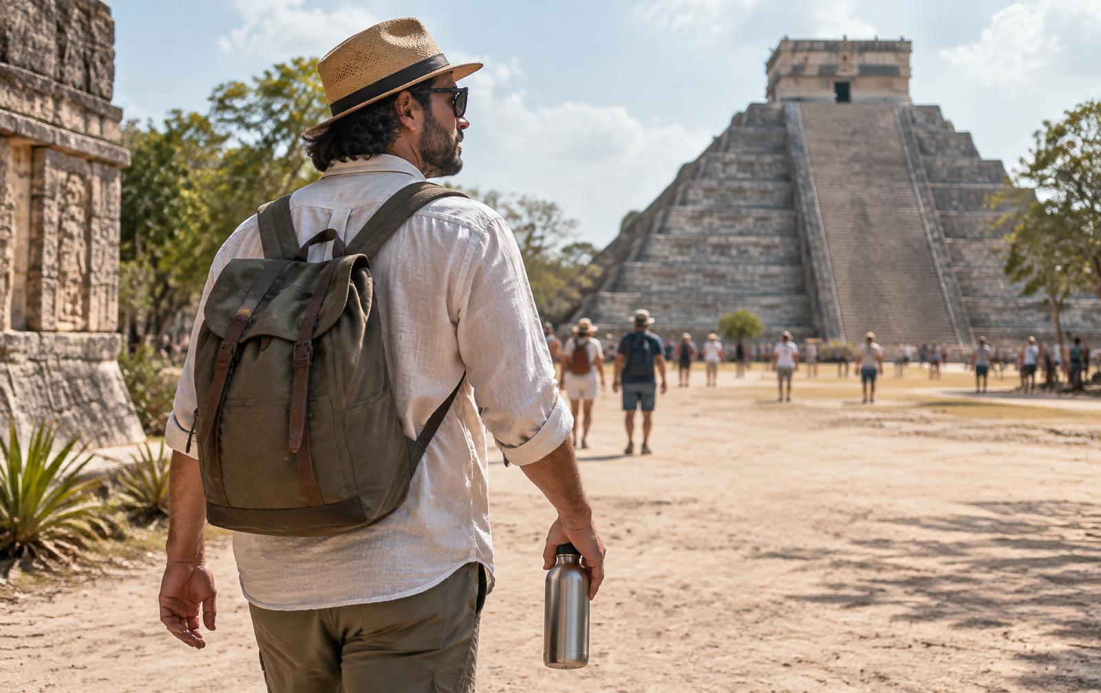 Viajero con sombrero, mochila y botella de agua caminando por la explanada de una zona arqueológica maya