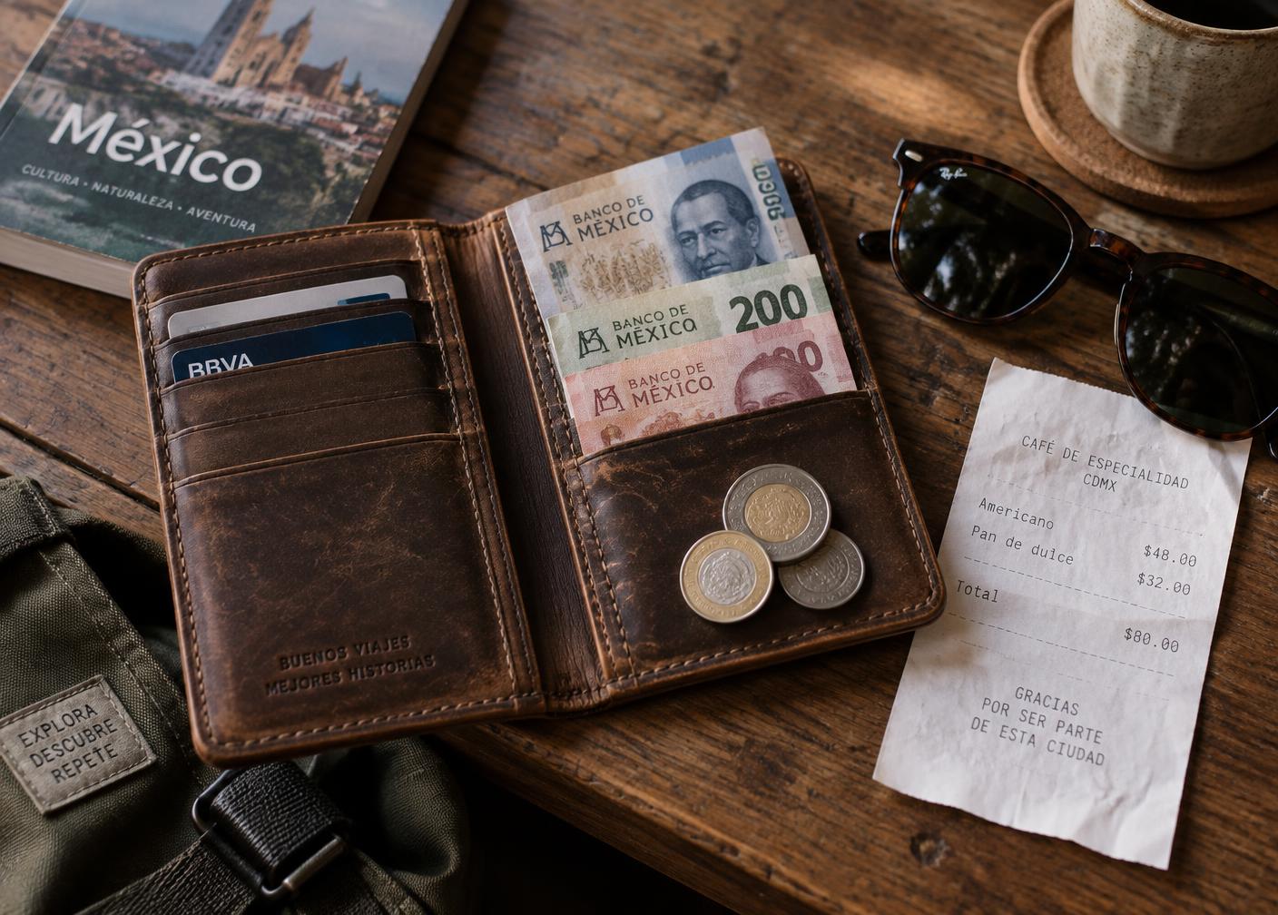 Cartera de viaje abierta con billetes y monedas de pesos mexicanos sobre una mesa de madera