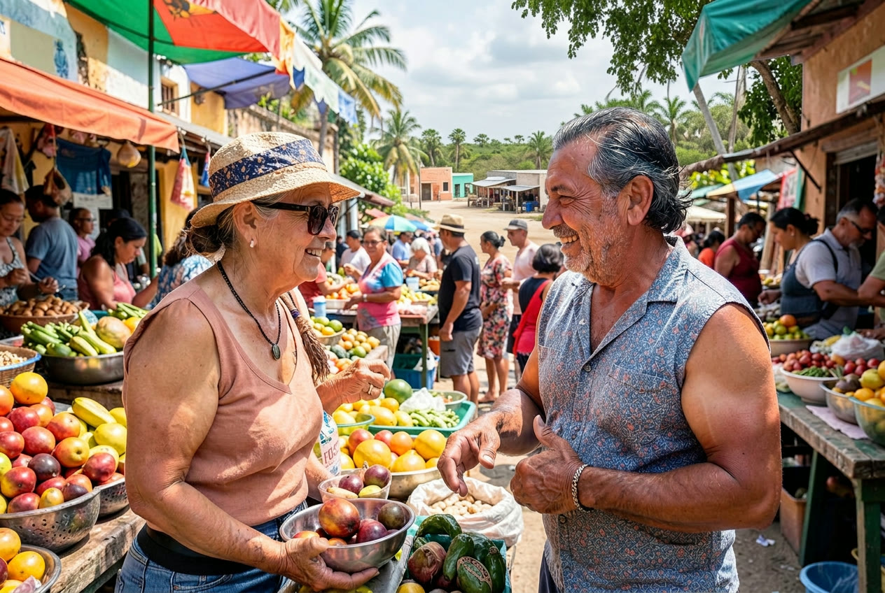 Viajera conversando con un vendedor entre puestos de fruta de un mercado mexicano