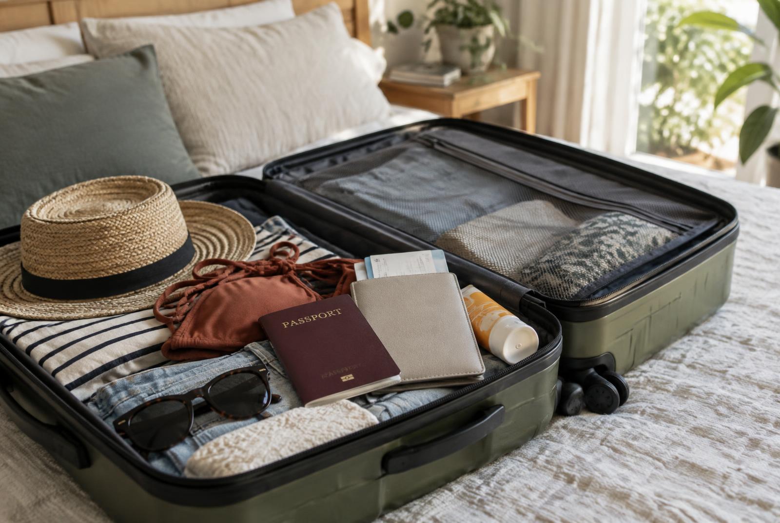 Maleta abierta sobre la cama con pasaporte, documentación y ropa de playa preparada antes del viaje