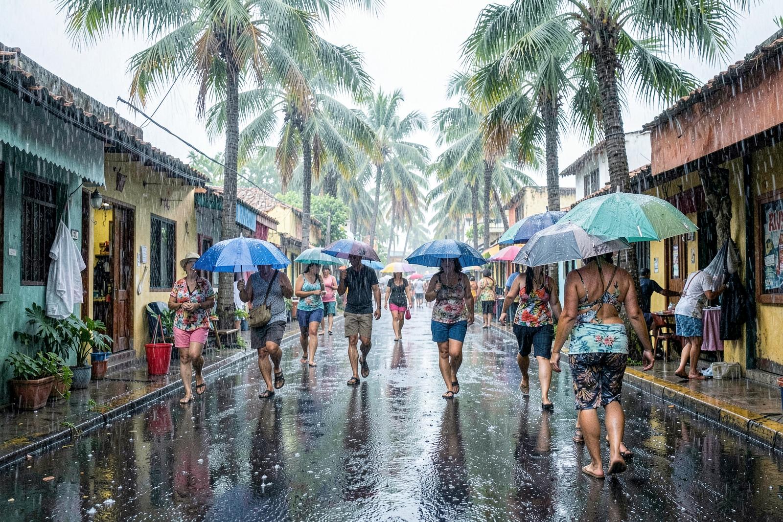 Viajeros caminando con paraguas durante un chubasco tropical en una calle de Playa del Carmen