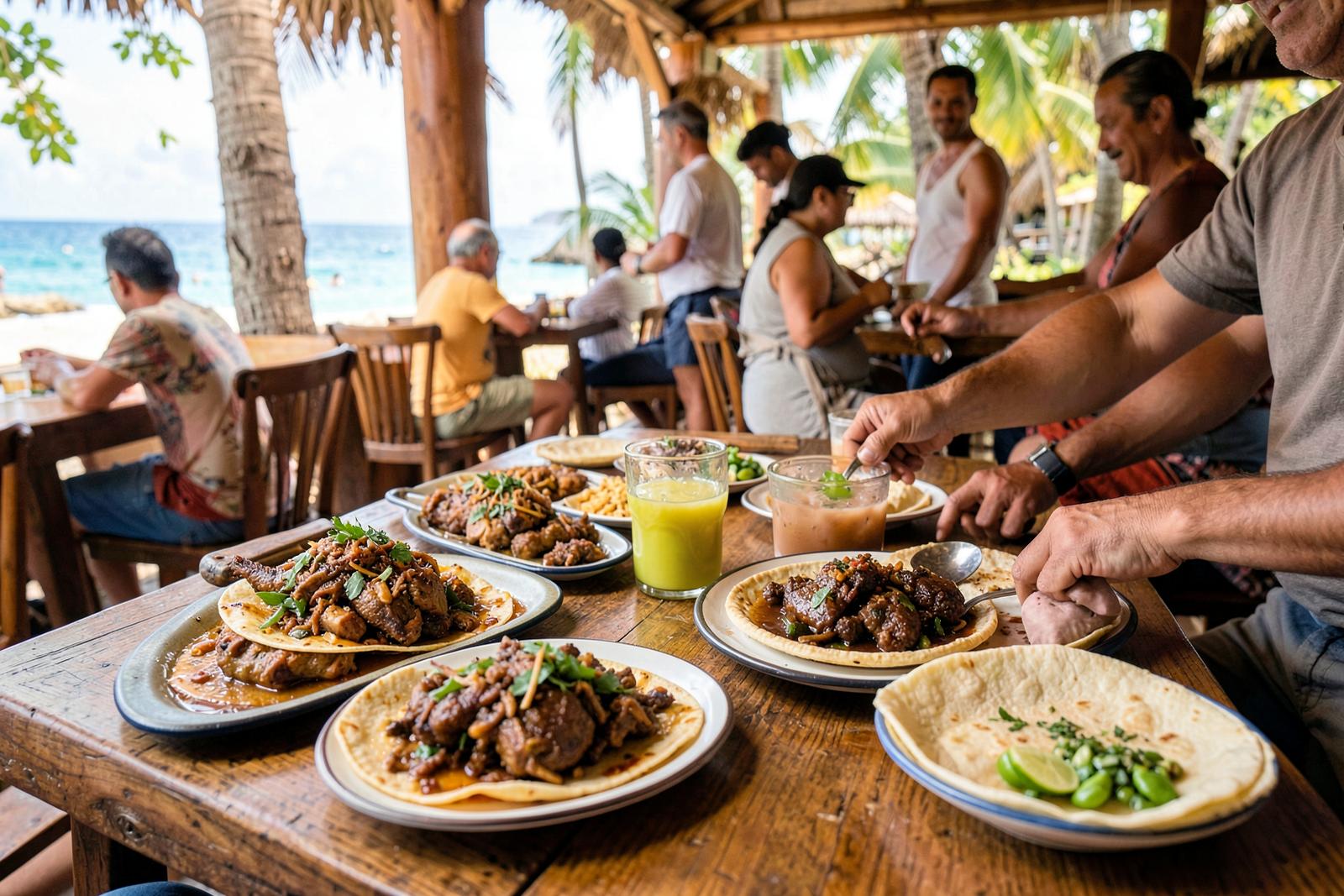 Mesa de un restaurante junto al Caribe con varios platos de cocina mexicana para compartir
