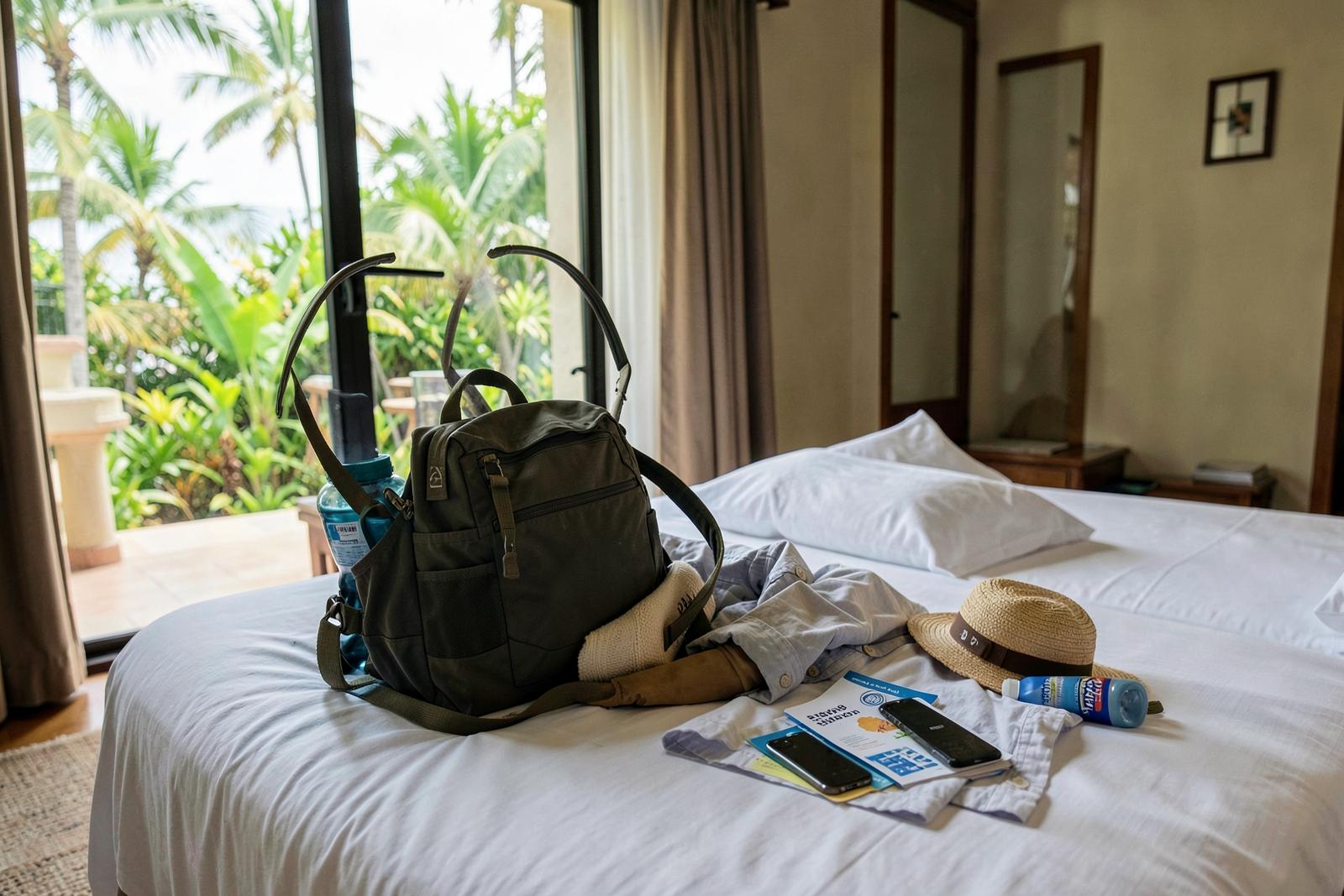 Mochila preparada en la habitación con agua, sombrero, protección solar, móvil y documentación