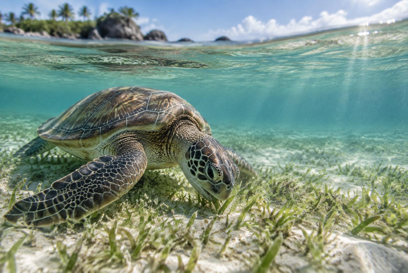 Tortuga marina alimentándose sobre praderas de pasto marino en aguas poco profundas