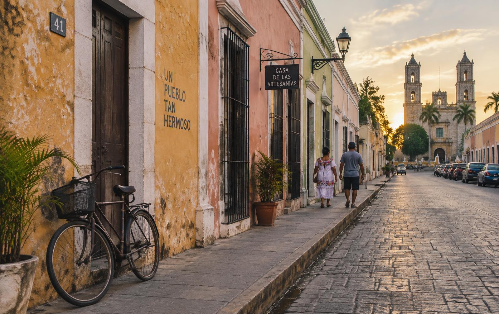 Calle colonial de Valladolid, en Yucatán, con casas de colores al atardecer